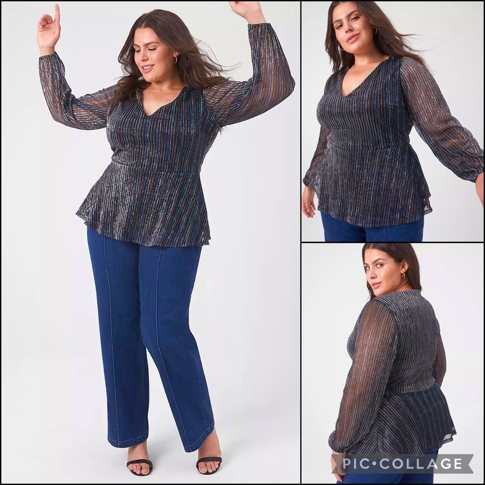 Lane Bryant Metallic Glitter Stripe Peplum Fit Flare V-Neck Blouse Top